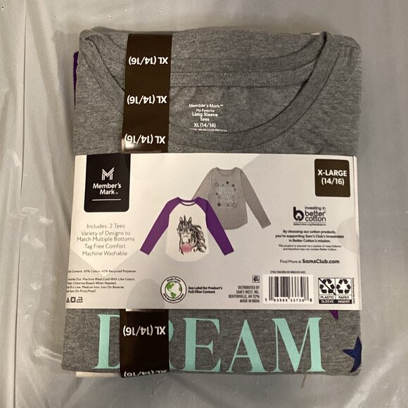 Member's Mark‎ Girls 2 Pack Long Sleeve Crewneck Loose Fit Graphic Tee - Picture 3 of 4